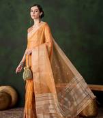orange jacquard design poly cotton saree with unstitched blouse piece