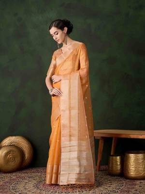 orange jacquard design poly cotton saree with unstitched blouse piece 2