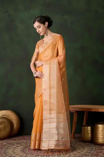 orange jacquard design poly cotton saree with unstitched blouse piece
