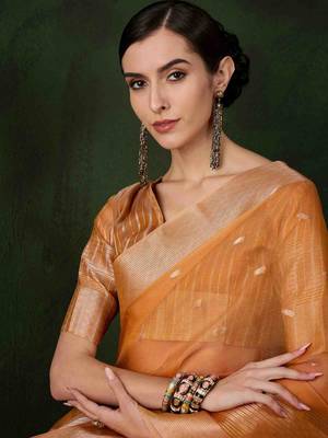 orange jacquard design poly cotton saree with unstitched blouse piece 3