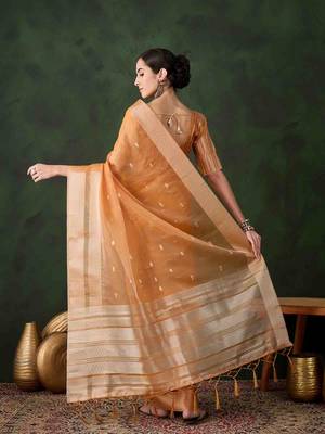 orange jacquard design poly cotton saree with unstitched blouse piece 4
