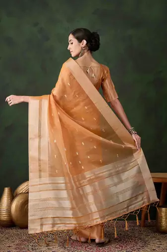orange jacquard design poly cotton saree with unstitched blouse piece
