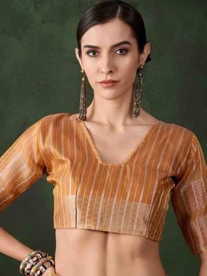 orange jacquard design poly cotton saree with unstitched blouse piece 5