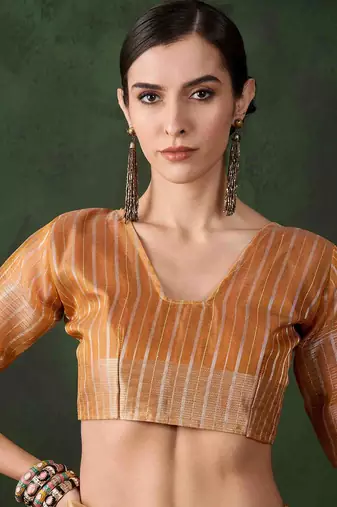 orange jacquard design poly cotton saree with unstitched blouse piece