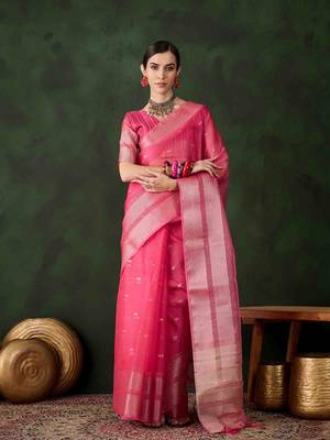 pink jacquard design poly cotton saree with unstitched blouse piece 1