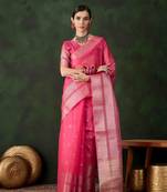 pink jacquard design poly cotton saree with unstitched blouse piece