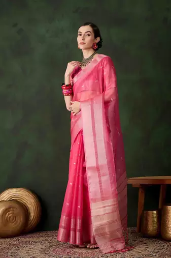 pink jacquard design poly cotton saree with unstitched blouse piece