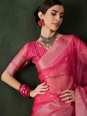 pink jacquard design poly cotton saree with unstitched blouse piece 3