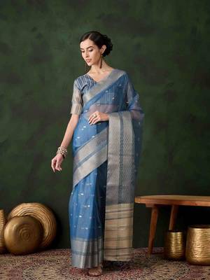 teal jacquard design poly cotton saree with unstitched blouse piece 1