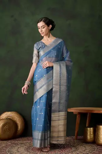 teal jacquard design poly cotton saree with unstitched blouse piece