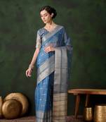 teal jacquard design poly cotton saree with unstitched blouse piece