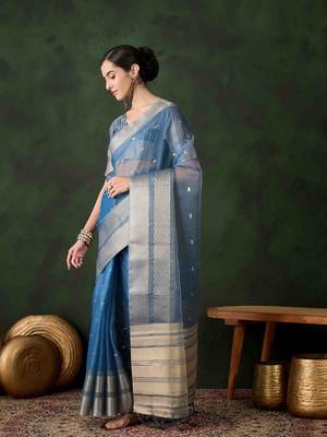 teal jacquard design poly cotton saree with unstitched blouse piece 2