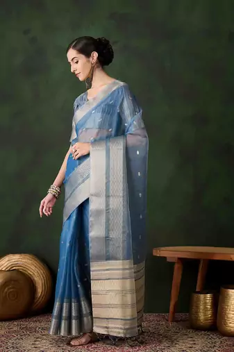 teal jacquard design poly cotton saree with unstitched blouse piece