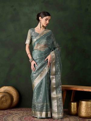 green jacquard design poly cotton saree with unstitched blouse piece 1
