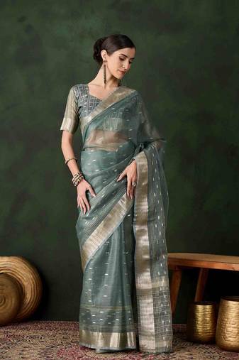 green jacquard design poly cotton saree with unstitched blouse piece