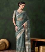 green jacquard design poly cotton saree with unstitched blouse piece