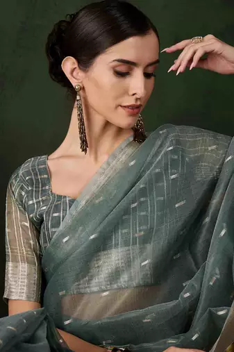 green jacquard design poly cotton saree with unstitched blouse piece
