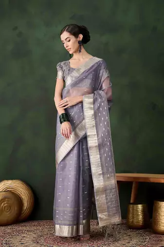grey jacquard design poly cotton saree with unstitched blouse piece