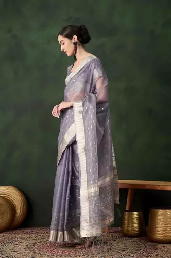 grey jacquard design poly cotton saree with unstitched blouse piece