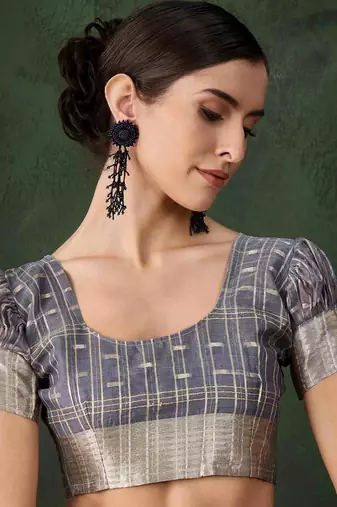 grey jacquard design poly cotton saree with unstitched blouse piece