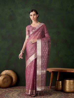 magenta jacquard design poly cotton saree with unstitched blouse piece 1