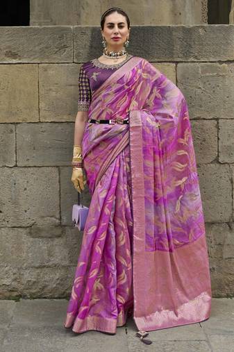 Pink jacquard silk woven saree with embroidered blouse