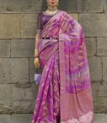 Pink jacquard silk woven saree with embroidered blouse