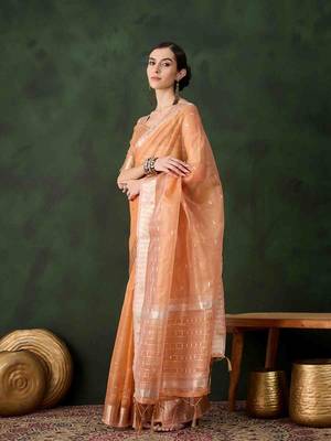 orange jacquard design poly cotton saree with unstitched blouse piece 1