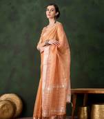 orange jacquard design poly cotton saree with unstitched blouse piece