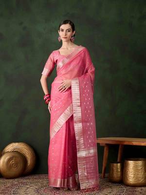pink jacquard design poly cotton saree with unstitched blouse piece 1