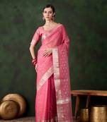 pink jacquard design poly cotton saree with unstitched blouse piece