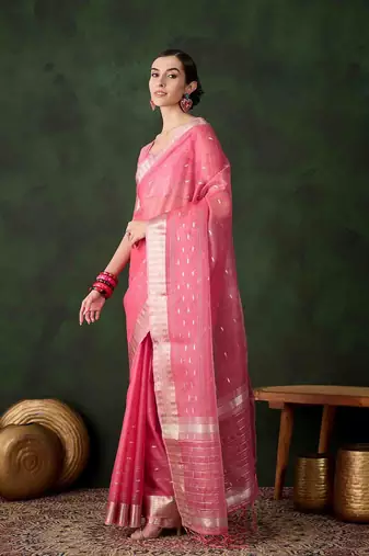 pink jacquard design poly cotton saree with unstitched blouse piece