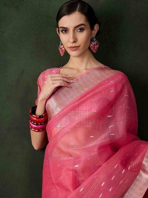 pink jacquard design poly cotton saree with unstitched blouse piece 3