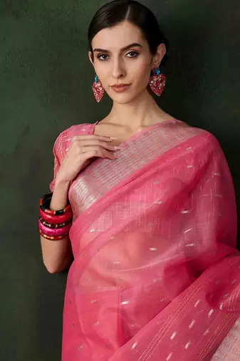 pink jacquard design poly cotton saree with unstitched blouse piece