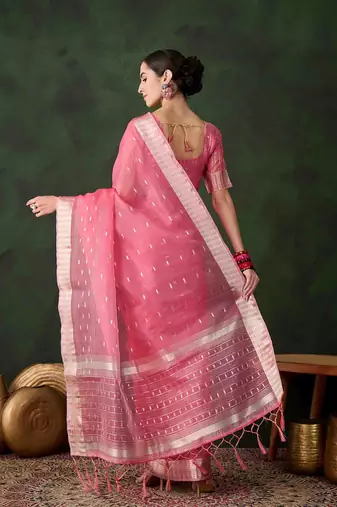 pink jacquard design poly cotton saree with unstitched blouse piece