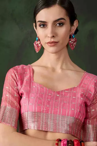 pink jacquard design poly cotton saree with unstitched blouse piece