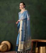 blue jacquard design poly cotton saree with unstitched blouse piece
