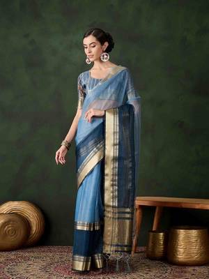 blue jacquard design poly cotton saree with unstitched blouse piece 2