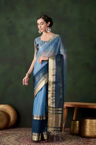blue jacquard design poly cotton saree with unstitched blouse piece