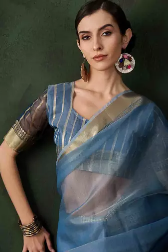 blue jacquard design poly cotton saree with unstitched blouse piece