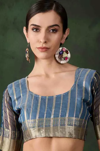 blue jacquard design poly cotton saree with unstitched blouse piece