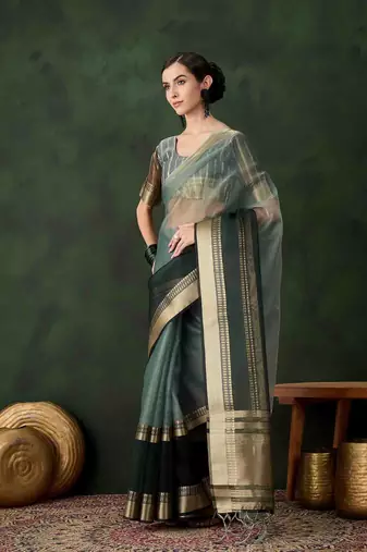 green jacquard design poly cotton saree with unstitched blouse piece