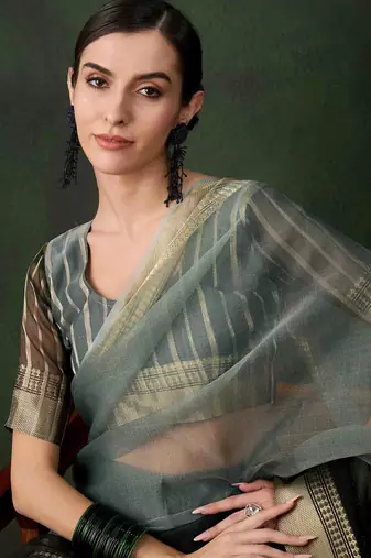 green jacquard design poly cotton saree with unstitched blouse piece
