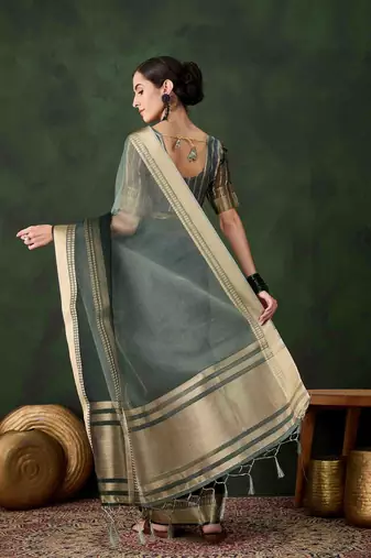 green jacquard design poly cotton saree with unstitched blouse piece