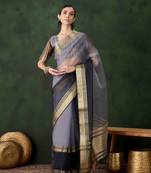 grey jacquard design poly cotton saree with unstitched blouse piece