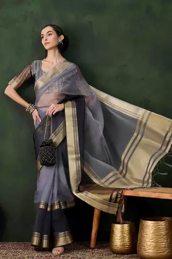 grey jacquard design poly cotton saree with unstitched blouse piece
