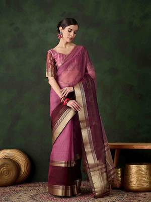 wine jacquard design poly cotton saree with unstitched blouse piece 1