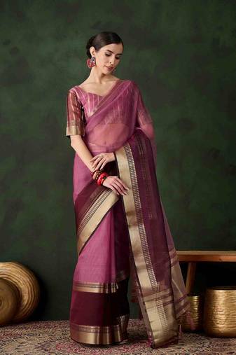 wine jacquard design poly cotton saree with unstitched blouse piece