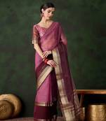 wine jacquard design poly cotton saree with unstitched blouse piece