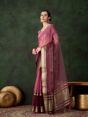 wine jacquard design poly cotton saree with unstitched blouse piece 2